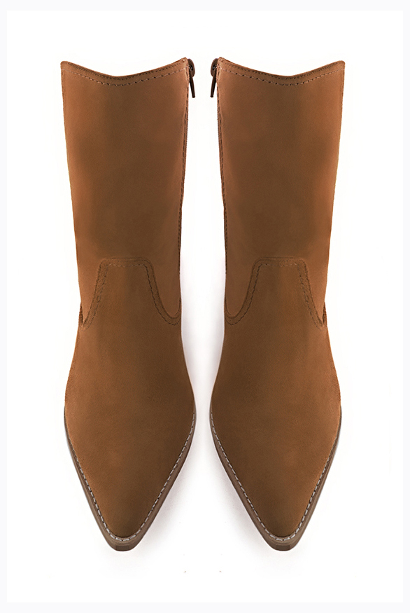 Caramel brown women's ankle boots with a zip on the inside. Tapered toe. Medium cone heels. Top view - Florence KOOIJMAN